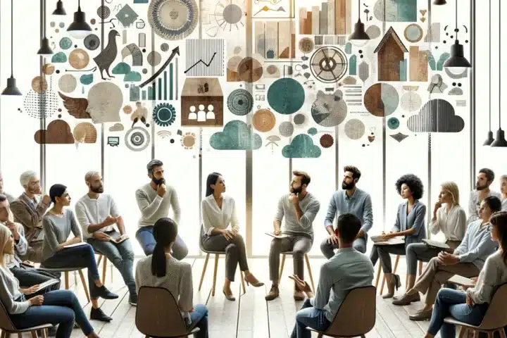 Imagine inspirațională cu un grup divers de oameni într-o ședință colaborativă, demonstrând ascultare activă și comunicare atentă, simbolizând dezvoltarea inteligenței emoționale într-un spațiu de întâlnire modern și calm