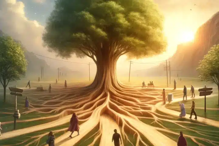 În această imagine suntem invitați într-o scenă liniștită, care vorbește volume despre călătoria vieții și esența conexiunilor umane. În centrul compoziției stă un copac străvechi, cu rădăcinile întinzându-se adânc în pământ, un testament al stabilității, creșterii și trecerii timpului. În jurul acestui copac maiestuos, o rețea de cărări se extinde în toate direcțiile, simbolizând multitudinea de alegeri și drumuri pe care le întâlnim în relațiile noastre. De-a lungul acestor cărări, persoane de diverse vârste și medii sociale se angajează în conversații pline de inimă sau în reflecții solitare, fiecare captând un moment unic de conexiune sau introspecție. Lumina soarelui, filtrată prin frunze, băi întreaga scenă într-o strălucire caldă și primitoare, creând un sentiment de pace și apartenență. Această scenă serenă este o metaforă puternică pentru importanța de a lăsa lucrurile să meargă, de a respecta călătoriile individuale ale celor pe care îi prețuim și de a prețui legăturile care înfloresc pe cont propriu. Ne reamintește că, în vasta grădină a vieții, fiecare conexiune este o floare prețioasă, hrănită de libertate, respect și dragoste necondiționată.