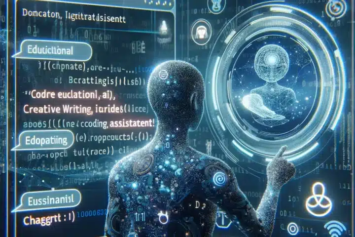 O persoană folosește o interfață holografică avansată pentru a interacționa cu ChatGPT, evidențiind utilizările acestuia în educație, scriere creativă și programare, pe fondul unei rețele neuronale și cod binar, simbolizând tehnologia AI de ultimă oră