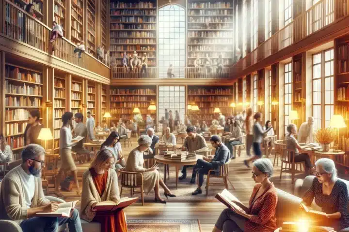 "O bibliotecă primitoare plină de viață, unde oameni de diferite vârste și origini sociale împărtășesc bucuria lecturii, subliniind accesibilitatea universala a cunoașterii și a culturii prin cărți.