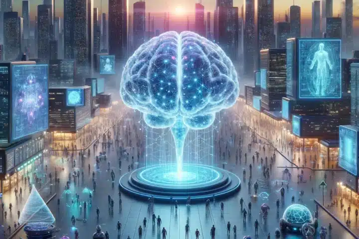 "O reprezentare 3D a unei metropole futuriste, unde un creier gigant, translucid, conectat prin sinapse neon la oameni și roboți, plutește deasupra unei piețe aglomerate, simbolizând rețeaua centrală a inteligenței artificiale care unește tehnologia cu viața umană."