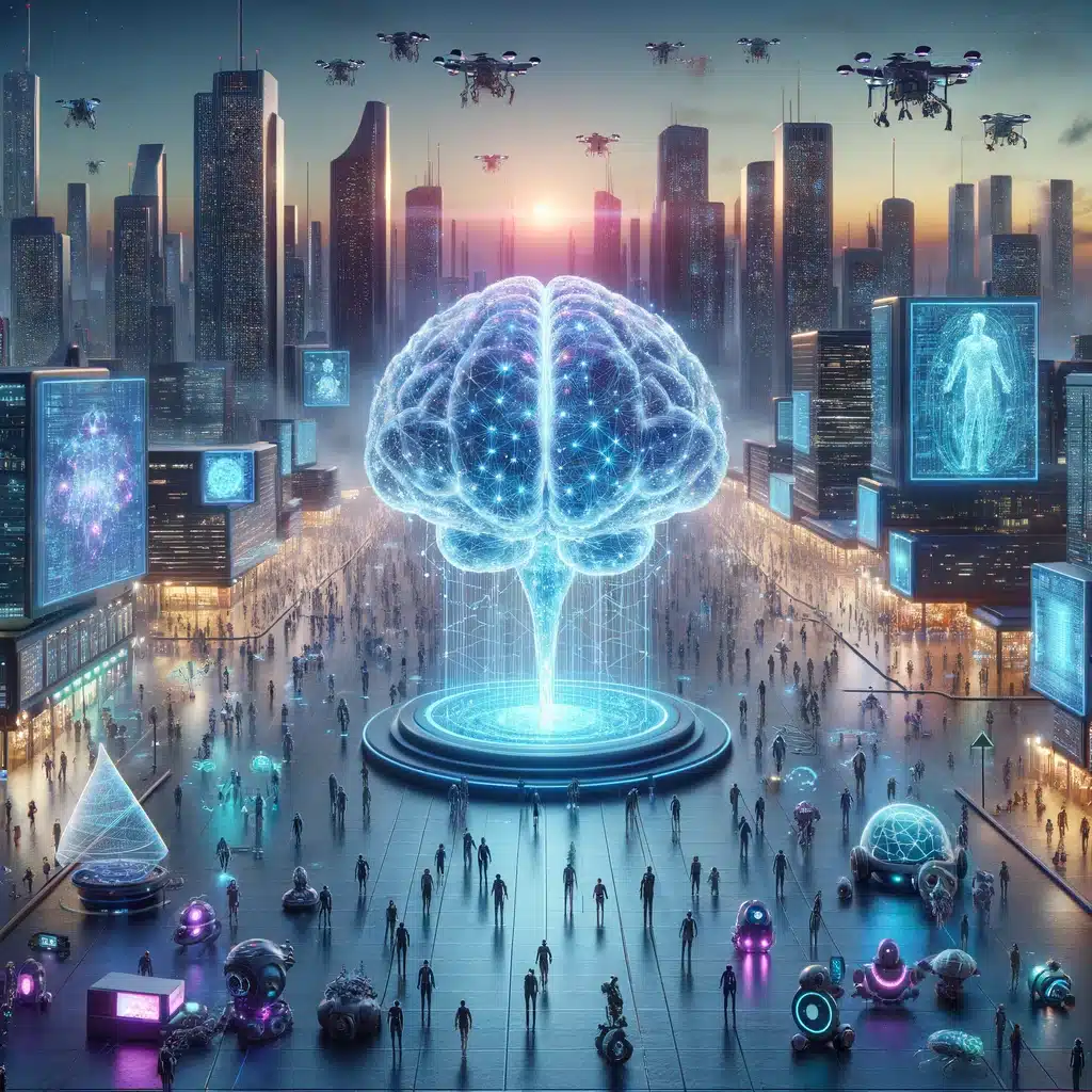 "O reprezentare 3D a unei metropole futuriste, unde un creier gigant, translucid, conectat prin sinapse neon la oameni și roboți, plutește deasupra unei piețe aglomerate, simbolizând rețeaua centrală a inteligenței artificiale care unește tehnologia cu viața umană."